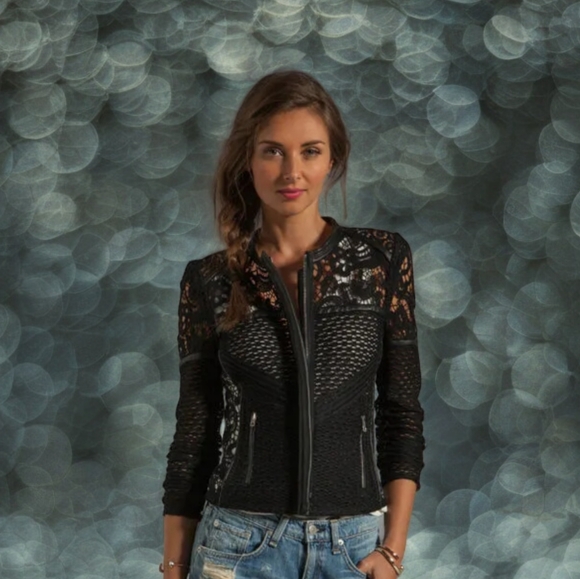 💋DESIGNER Iro Lewis💋. Black Leather and Lace Crochet Jacket Size XS Blazer - Picture 9 of 11